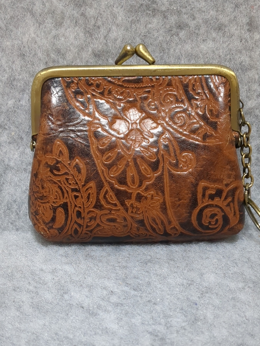 Patricia Nash Coin Purse Brown Leather Embossed Tooled Kiss Lock Key Ring - Picture 3 of 12